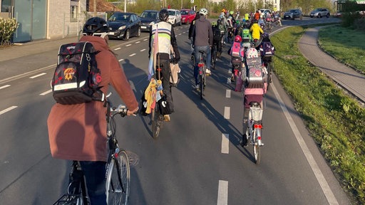 Viele Kinder und Erwachsene fahren gemeinsam in einer Kollone Fahrrad, sie demonstrieren