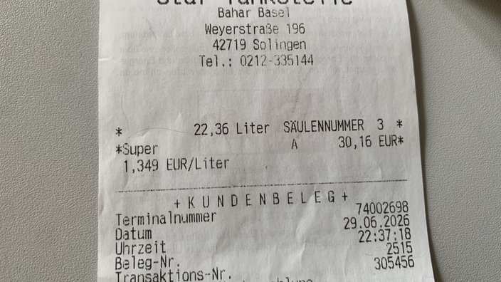 Kassenbon der Tankrechnung