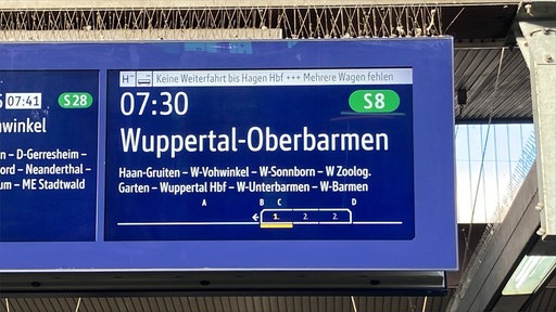 Blaue Anzeigetafel am Düsseldorfer Bahngleis für die S8