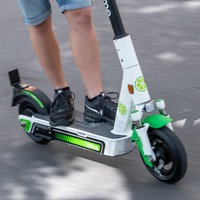 Ein Mann in kurzen Jeans und mit schwarzen Sportschuhen steht auf einem E-Roler und fährt, zu sehen ist er nur knieabwärts