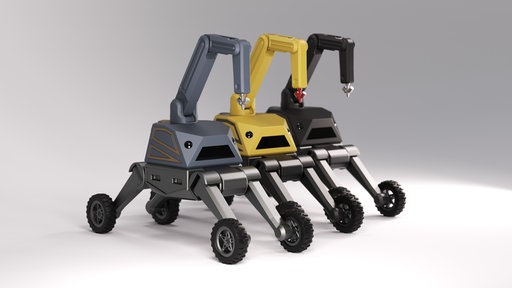 Drei Varianten eines Baustellen-Roboters mit Schwenkarm in verschiedenen Farben