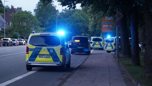 Polizeieinsatzfahrzeuge stehen mit Blaulicht am Straßenrand 