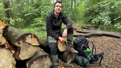 Der Dortmunder Tim Jambor sitzt auf einem Stapel Baumstämme im Wald und blickt in die Kamera. 