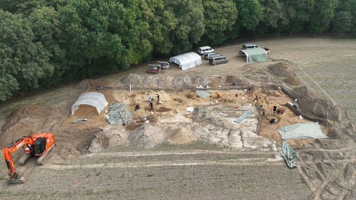 Die Ausgrabungsstätte auf einem Feld in Lütgendortmund aus der Vogelperspektive: links steht ein roter Bagger, daneben viele Erdhügel und Menschen, die Löcher graben und nach archäologischen Funden suchen. Im Hintergrund ein Wald. 