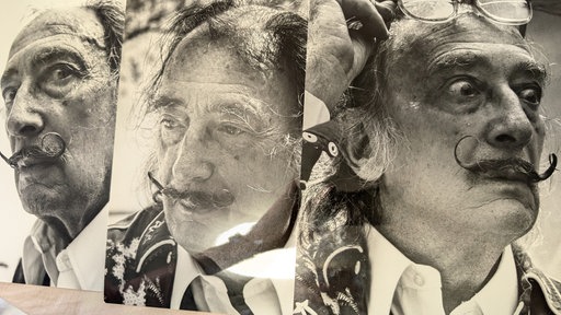 Drei Fotos nebeneinander gereiht zeigen Salvador Dali