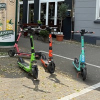 Mehrere E-Scooter stehen auf einem dafür gekennzeichneten Parkplatz, eine Litfaßsäule ist im Hintergrund.