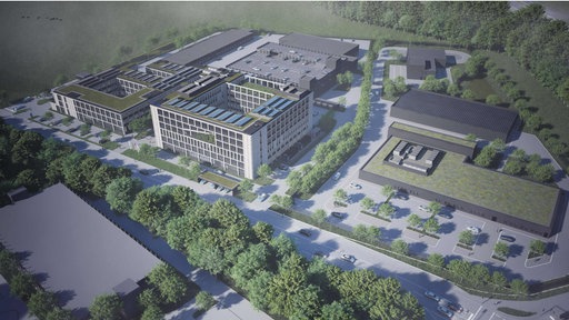 Eine Computer Animation der neuen Polizeigebäude in Recklinghausen aus der Vogelperspektive