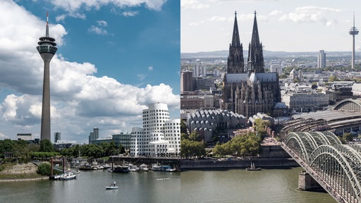 Skyline Düsseldorf mit Gehry Bauten und Rheinturm und Skyline mit Kölner Dom und Hohenzollern Brücke