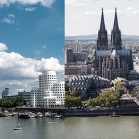 Skyline Düsseldorf mit Gehry Bauten und Rheinturm und Skyline mit Kölner Dom und Hohenzollern Brücke