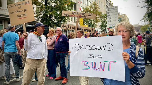 Rechts im Bild eine Frau die ein Schild mit Aufschrift "Deutschland bleibt bunt" in der Hand hält, links weitere Demonstrierende mit Schildern