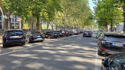 Autos auf einer Straße, am linken Rand viele schräg parkende Fahrzeuge