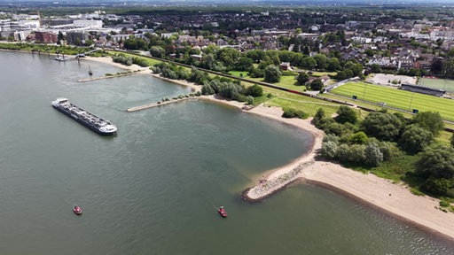 Beim Blick von oben auf den Rhein sieht man, dass an den Kribben Strömungen entgegen der Flussrichtung entstehen.