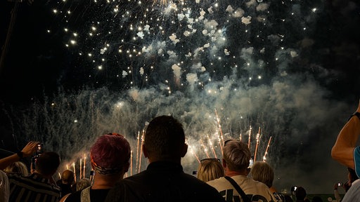 Menschen stehen mit dem Rücken zur Kamera und gucken ein Feuerwerk im Himmel