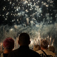 Menschen stehen mit dem Rücken zur Kamera und gucken ein Feuerwerk im Himmel