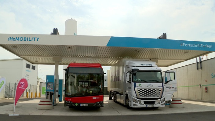 Ein roter Bus und ein weißer Lkw stehen unter einem großen Dach einer Tankstelle