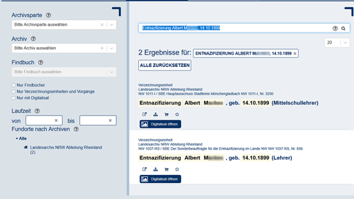 Schlagwortsuche auf der Internetseite des Landesarchivs NRW