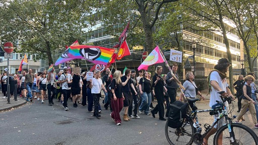 Menschen laufen in einem Anti-AfD-Demozug mit Flagen und Bannern eine Straße entlang.