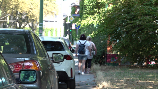 Eine Reihe Autos parkt an einem Gehweg, der dadurch sehr beschränkt ist.