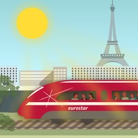 Grafik eines roten Eurostar Zuges in Paris vor dem Eifelturm