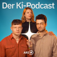 Drei Menschen halten eine Art Metall-Funken, dazu die Aufschrift "Der KI-Podcast"