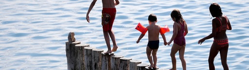 Kinder balancieren auf Buhnen im Markkleeberger See