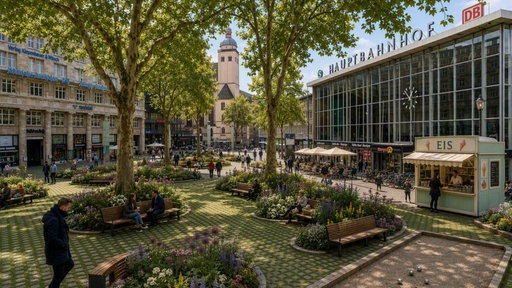 KI-generiertes Bild vom Bahnhofsvorplatz in Köln 