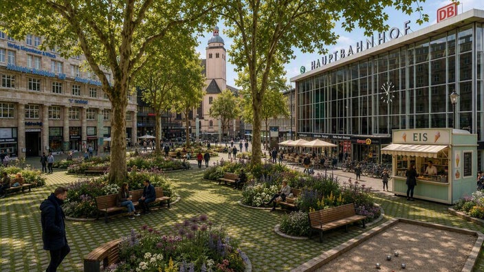 KI-generiertes Bild vom Bahnhofsvorplatz in Köln 
