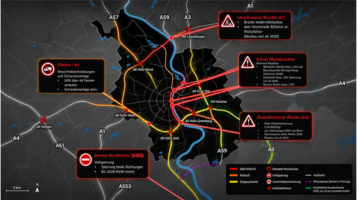 Eine Verkehrskarte zeigt die gesperrten Brücken in Köln und Umgebung und die Auswirkungen auf den Straßenverkehr in der Region.
