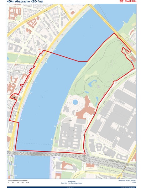 Evakuierungsradius auf einer Karte: Betroffen ist der Rheinpark in Köln-Deutz, ein Abschnitt des Rheins, der Tanzbrunnen, das Produktionsgelände von RTL sowie Teile des gegenüberliegenden Rheinufers