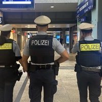 Drei Polizeieinsatzkräfte von hinten. 