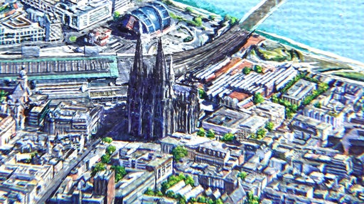 Blick mit der Lupe auf den gemalten Kölner Dom