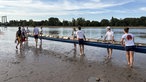 Ruderer setzen ihr Boot in den Rhein.