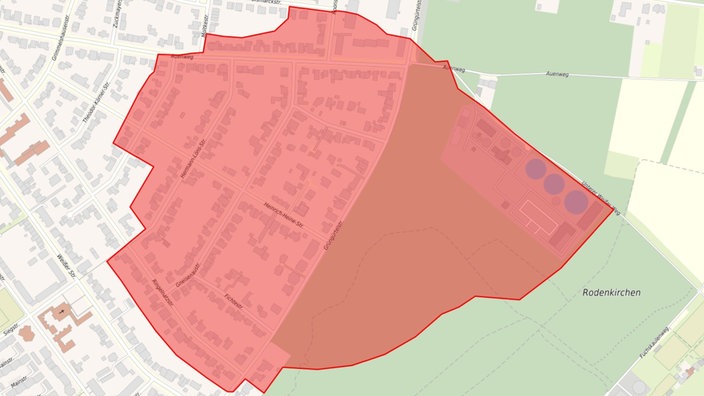 digitale Karte des Kölner Viertels Rodenkirchen. Der Bereich der Bombenentschärfung ist rot markiert.