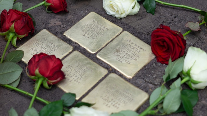 Fünf Stolpersteine, die zum Gedenken der emigrierten Familie Grünbaum verlegt wurden.