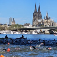 Menschen mit roten Badekappen schwimmen im Rhein