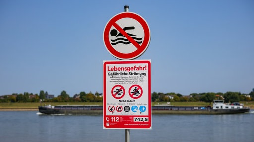 Schilder, die auf die Gefahren beim Schwimmen im Rhein hinweisen
