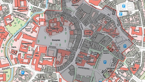 Karte der Stadt Münster mit eingezeichnetem Bereich der möglichen Evakuierung, bei einer Bomentschärfung.