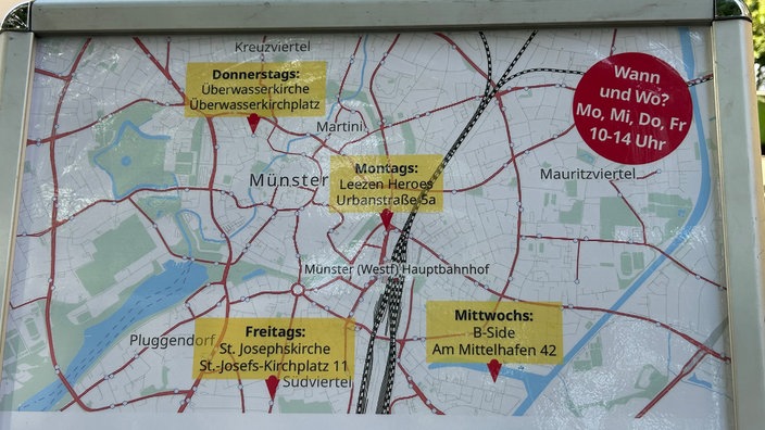 Eine Karte zeigt, an welchen Orten in Münster der Duschbus steht