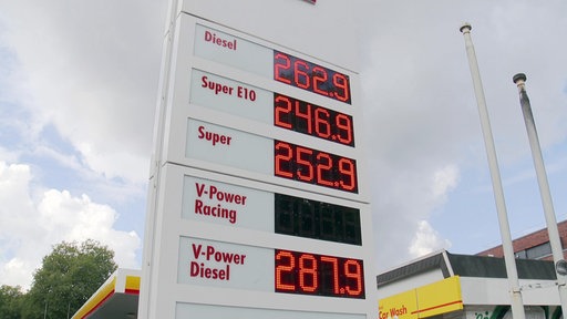 Eine Tafel mit Spritpreisen. Diesel: 2,62 Euro.