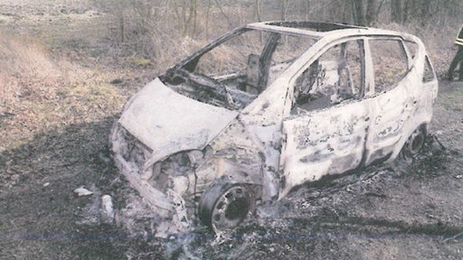 Das ausgebrannte Auto auf einer Wiese mit Bäumen im Hintergrund.