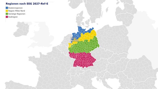 Eine Karte von Deutschland, wie es in die vier Windregionen von Nord nach Süd eingeteilt ist.