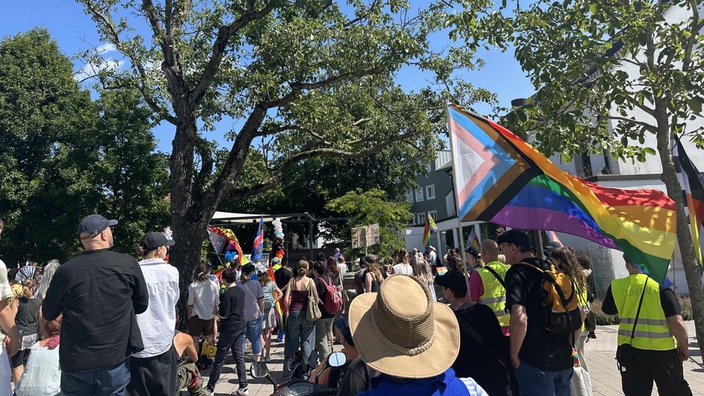 Eine große Personengruppe läuft eine Straße entlang. Vereinzelt tragen sie Regenbogenfahnen.