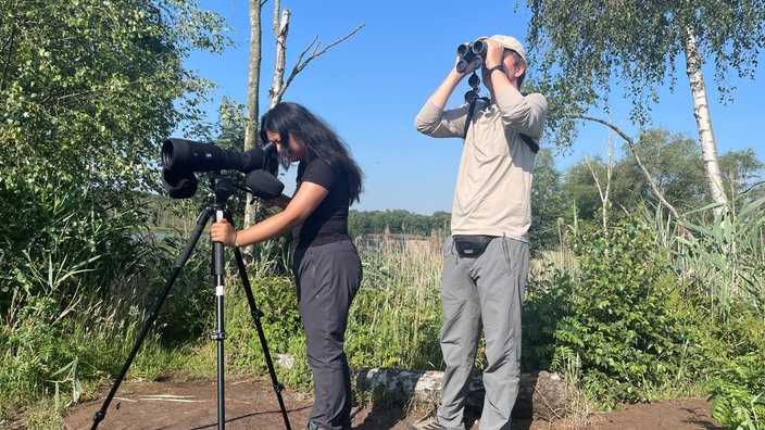 Max Roth von der Biologischen Station Zwillbrock und Erica Alo, Praktikantin bei der Biologischen Station, wie sie täglich die Flamingos beobachten und kontrollieren.