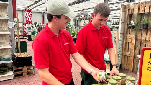 Jan und Tom Ikemann sortieren in ihren roten Gartencenter-T-Shirt Erdnussbutter ein.
