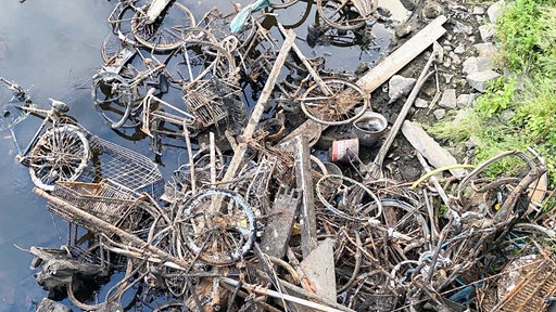 Alte Fahrradleichen liegen im Uferbereich der Bocholter Aa.