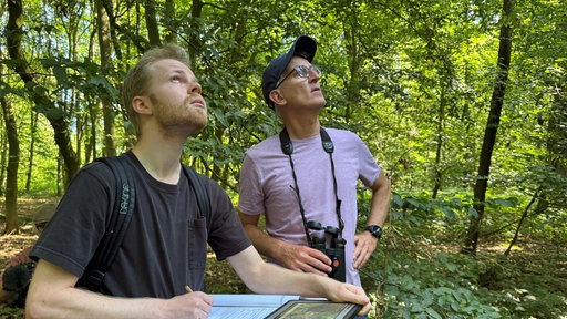 Die beiden Kartierer Bastian Liese und Michael Kasper suchen nach möglichen wertvollen Biotopen auf dem Planungskorridor der Stromtrasse bei Everswinkel.