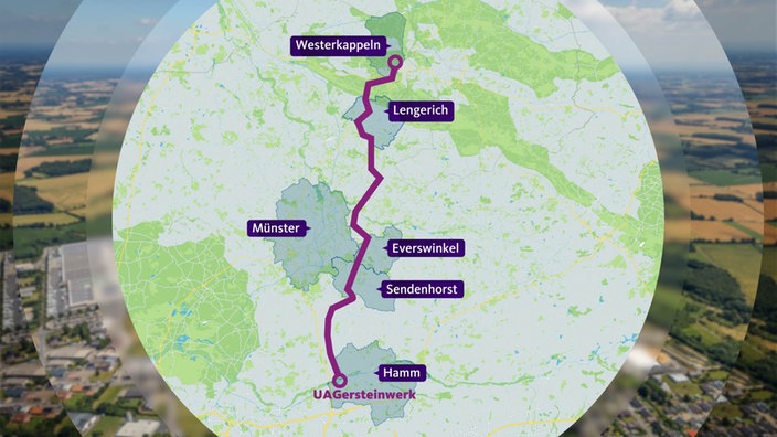 Eine Karte zeigt mit einem Strich betroffene Orte, wie Westerkappeln, Lengerich, Münster, Everswinkel, Sendenhorst und Hamm.
