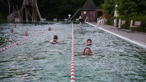Mehrere Menschen ziehen ihre Bahnen im Becken des Naturfreibads Ennigerloh.