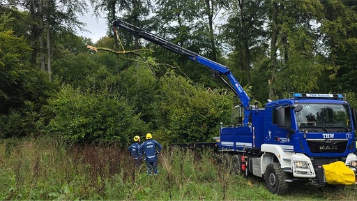 Zwei vom THW stehen mit ihrem Einsatzfahrzeug vor dem umgeknickten Ast, mit einem Kran am Fahrzeug. 