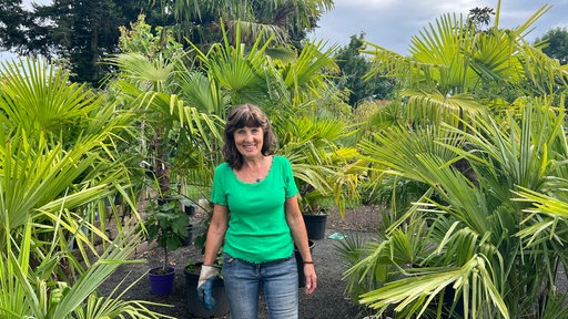 Christel Scharonat im Pflanzgarten umringt von Pflanzenkübeln